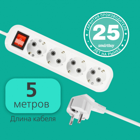 Удлинитель Smartbuy, 4 гнезда 5 метров 16А/3,5кВт с выкл. и заземлен. ПВС 3х1,0 (SBE-16-4-05-ZS)/30