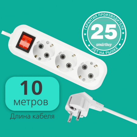 Удлинитель Smartbuy, 3 гнезда 10 метров 16А/3,5кВт с выкл.изаземлением ПВС 3х1,0(SBE-16-3-10-ZS)/20