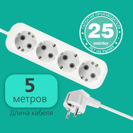 Удлинитель Smartbuy, 4 гнезда 5 метров 16А/3,5кВт с заземлением ПВС 3х1,0 (SBE-16-4-05-Z)/30