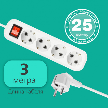 Удлинитель Smartbuy, 4 гнезда 3 метра 16А/3,5кВт с выкл. и заземлением ПВС 3х1,0 (SBE-16-4-03-ZS)/35